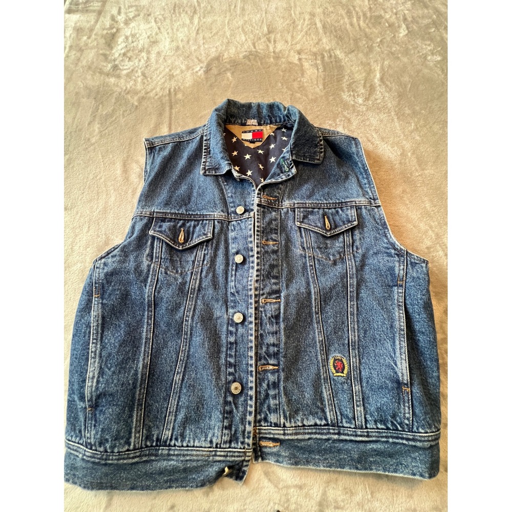 Tommy Hilfiger Denim Vest Mens XL Blue Star Lining Crest Logo Trucker Jean